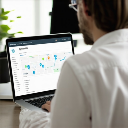 Person analyzing local SEO metrics and maps on a laptop