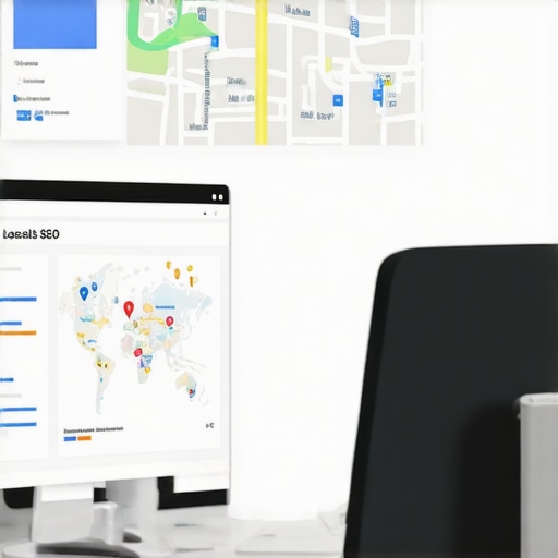Digital marketer reviewing SEO analytics and Google Maps rankings on a computer.