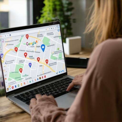 Expert analyzing local SEO tactics on a laptop with Google Maps interface.