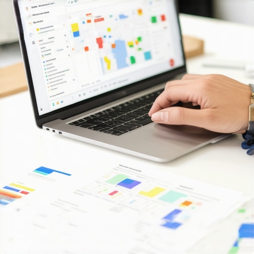 Person optimizing Google Business Profile on laptop with maps and charts