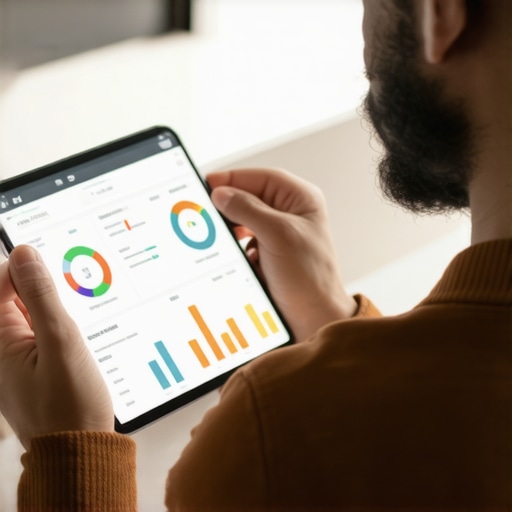 Business owner reviewing SEO metrics on tablet with community engagement background