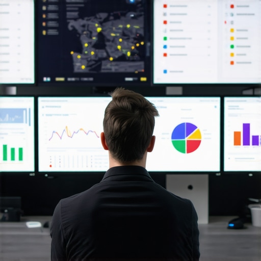 Monitoring Local SEO Metrics A professional analyzing local SEO data on multiple screens to maintain Google Maps rankings.