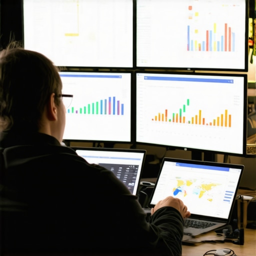 Person analyzing SEO data on multiple screens showing maps and charts