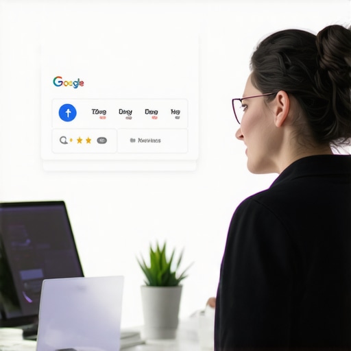 Business owner updating Google My Business profile on computer in modern office