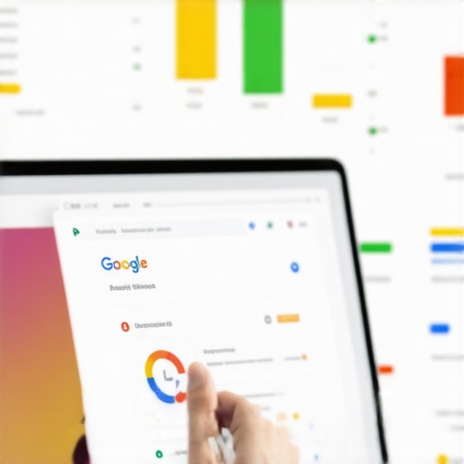 Person working on Google Business Profile optimization with analytics charts in the background.