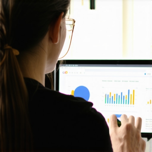 Business owner editing Google My Business profile on a laptop with analytics displayed.