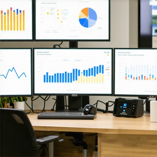 Person managing SEO tools like BrightLocal and Google Data Studio dashboards on computer screens, representing ongoing SEO maintenance.