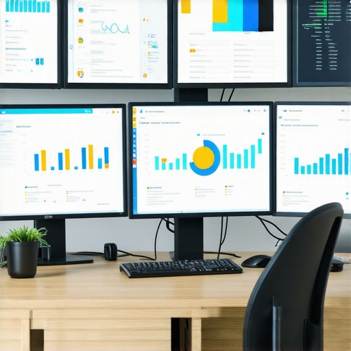 SEO Workstation with Monitoring Tools A desk setup with screens showcasing local SEO tools and analytics dashboards.