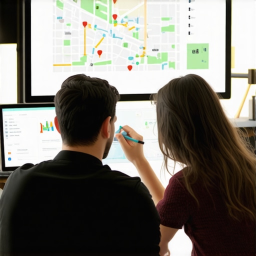 Local SEO Strategy Team in Action Team analyzing local business map rankings with digital devices and charts.