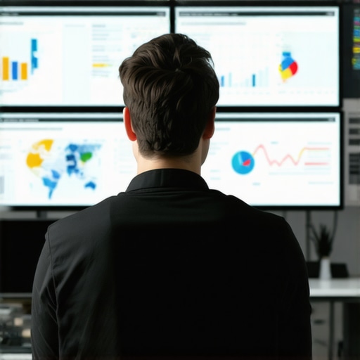 A digital marketer analyzing SEO performance metrics on multiple screens, emphasizing ongoing Google Maps ranking maintenance.